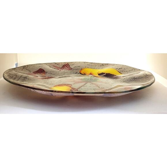 GLASS PLATTER-NOTIONS-"Goldfinch"-Ruffled Edges-Large 14" Diameter-Birds - Picture 7 of 13